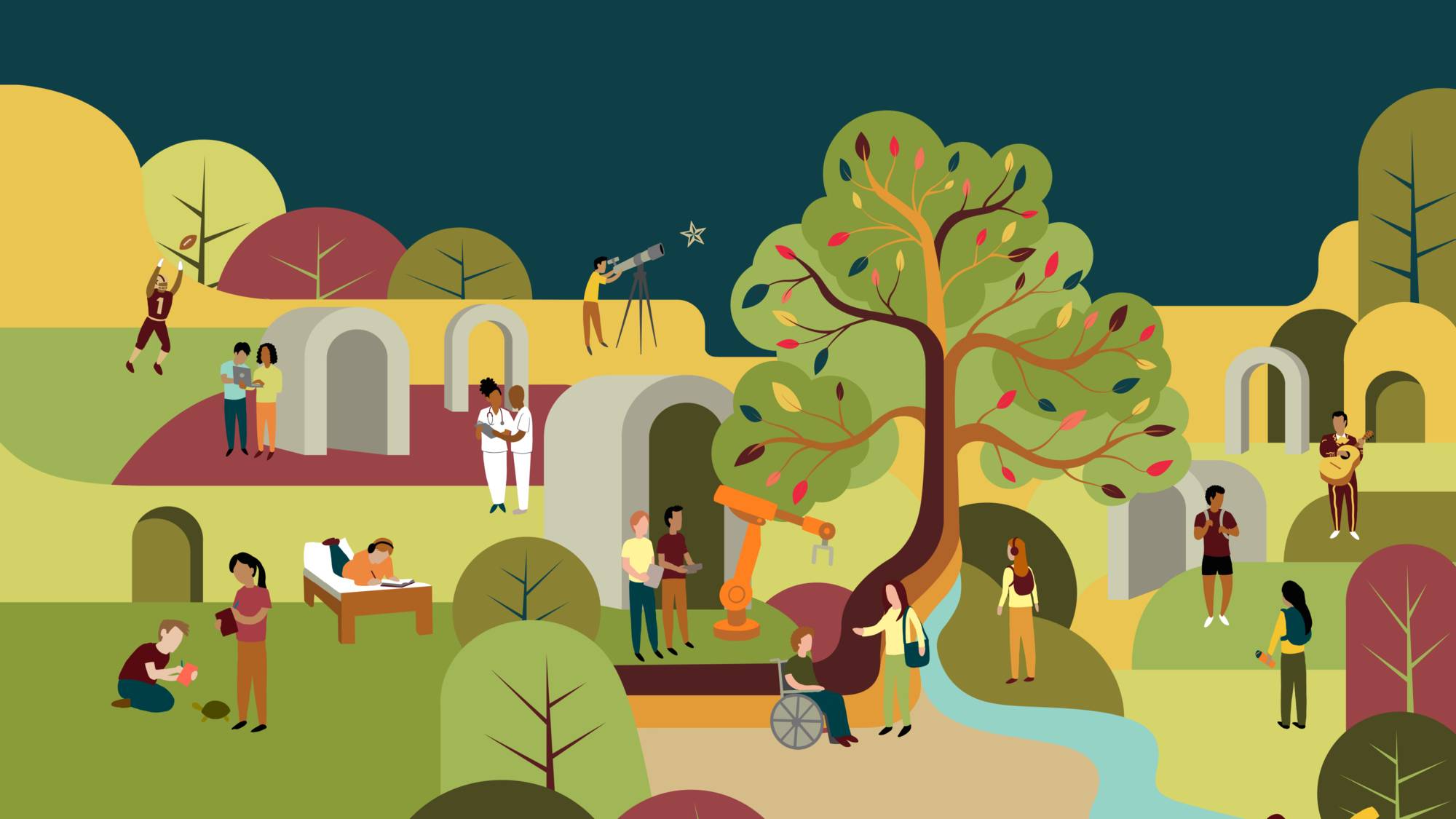 digital illustration depicting different people engaging in activities