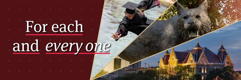 graphic reading "for each and every one" with photos of a graduate jumping in a river, a metal bobcat statue, and Old Main lit up at night