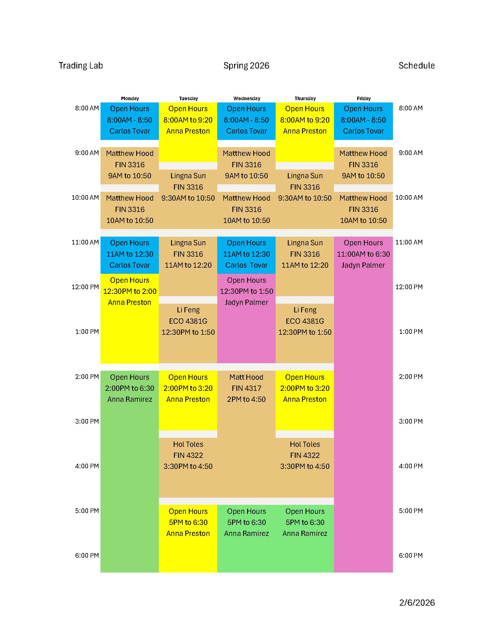 Spring 2026 lab schedule