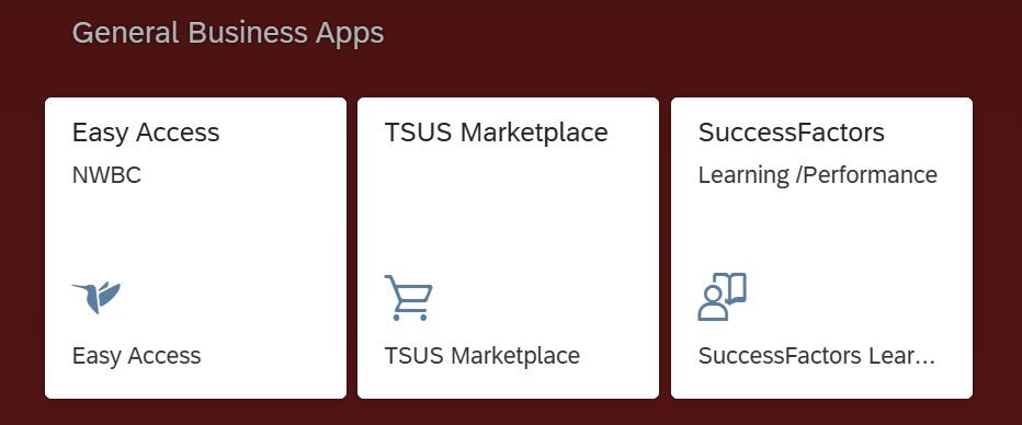 General Business Apps section on SAP Portal containing three application tiles: Easy Access NWBC, TSUS Marketplace, and SuccessFactors Learning Performance Management