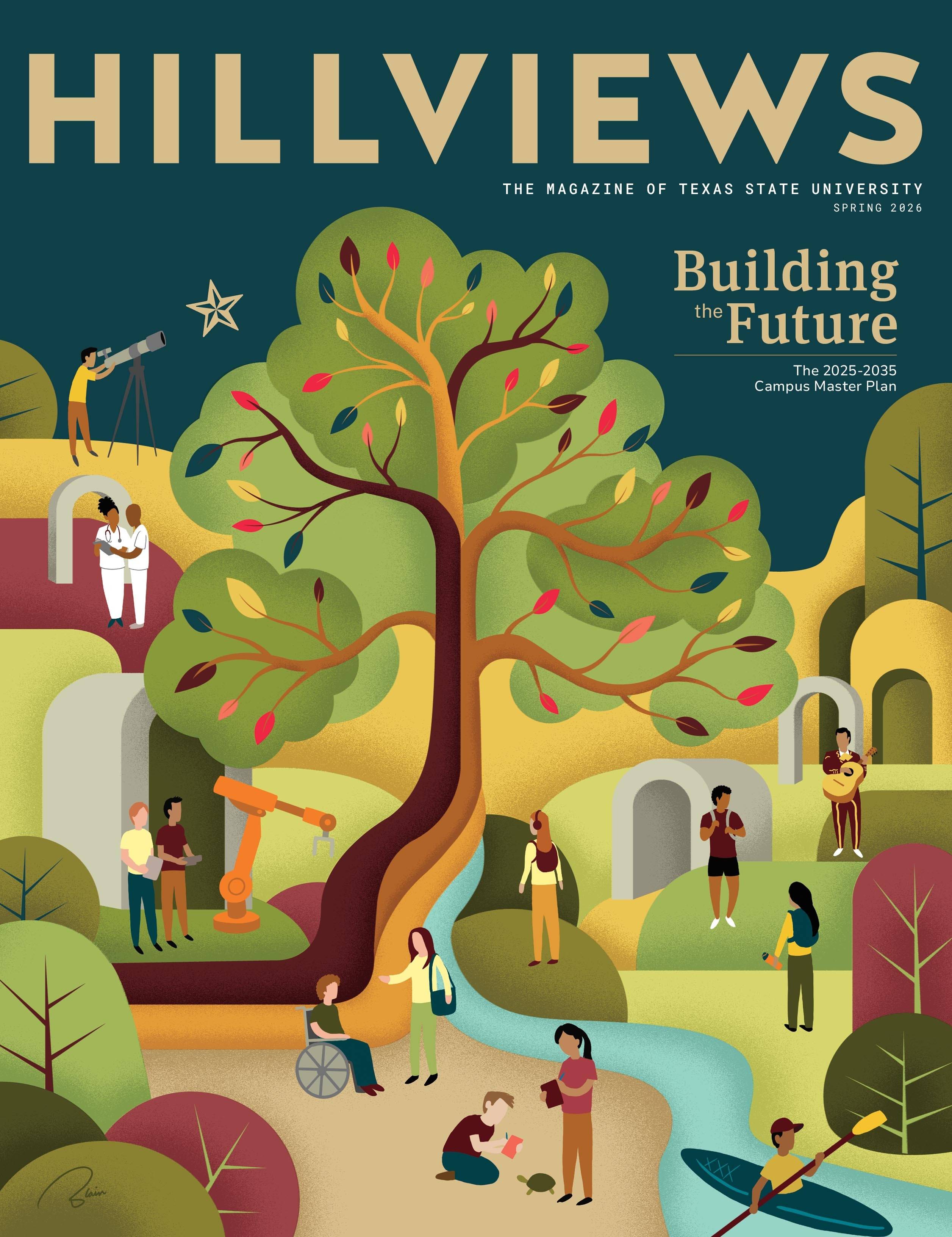colorful illustration of large tree with multiple people engaging in various activities with "hillviews magazine" and "building the future" written on it