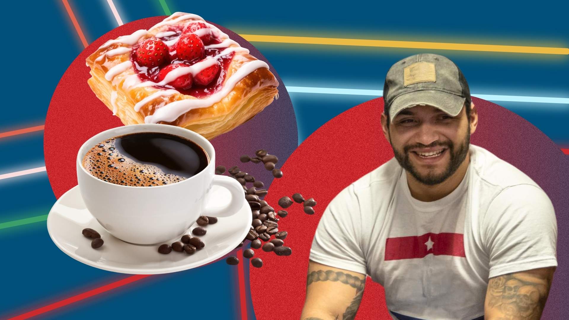 A graphic of a pastry and coffee cup to the left of a veteran