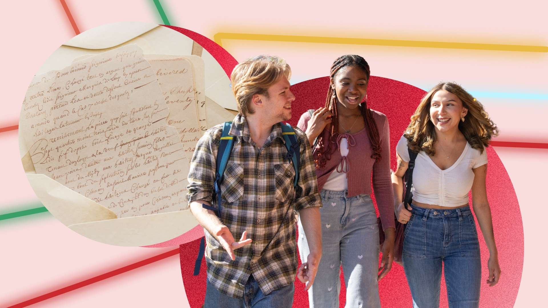 Students chatting with a letter to their left