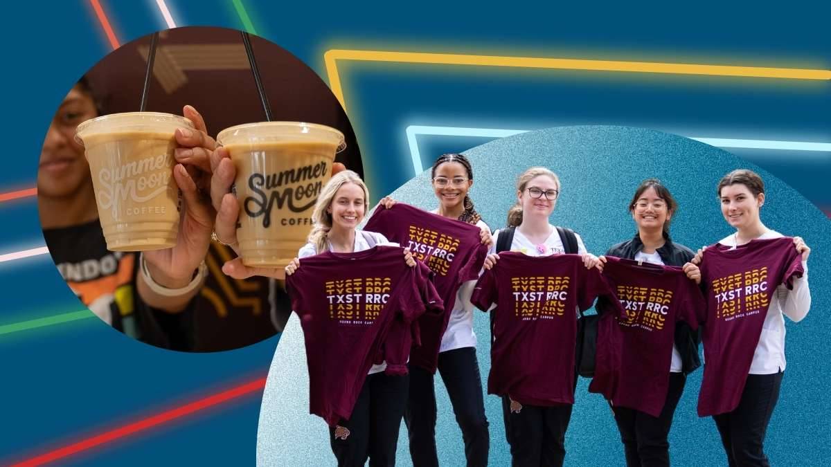 2 iced coffees to the left of Students holding T-shirts 