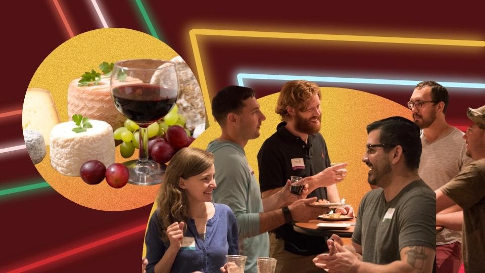 Students enjoying wine and cheese