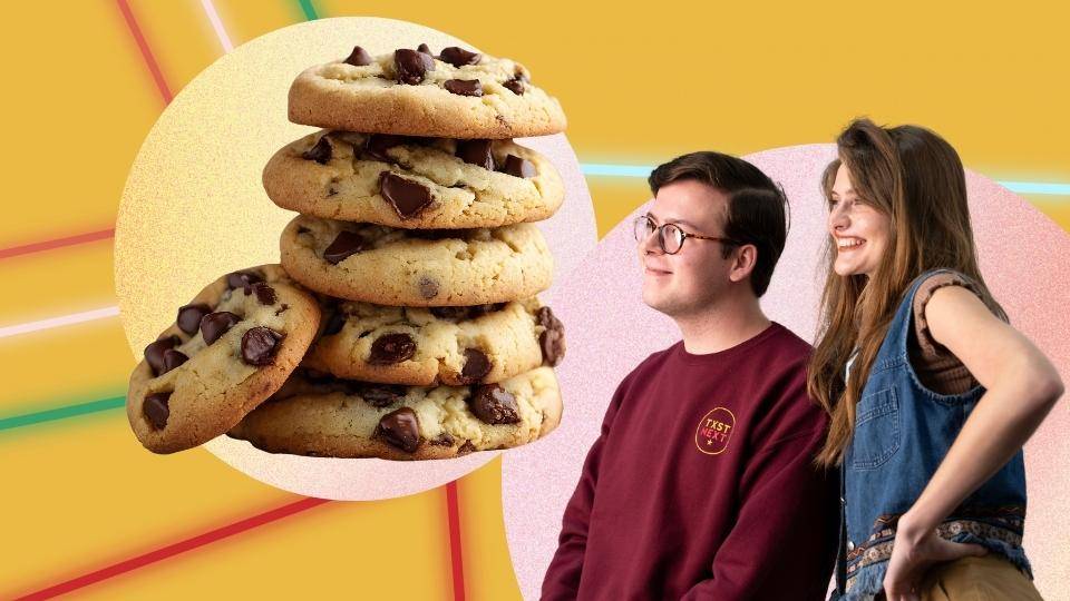 Students getting their headshots taken and a stack of cookies