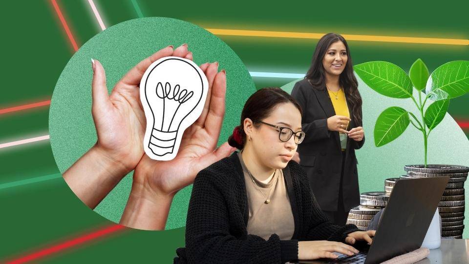 student on a laptop with a picture of hands holding a lightbulb to her left