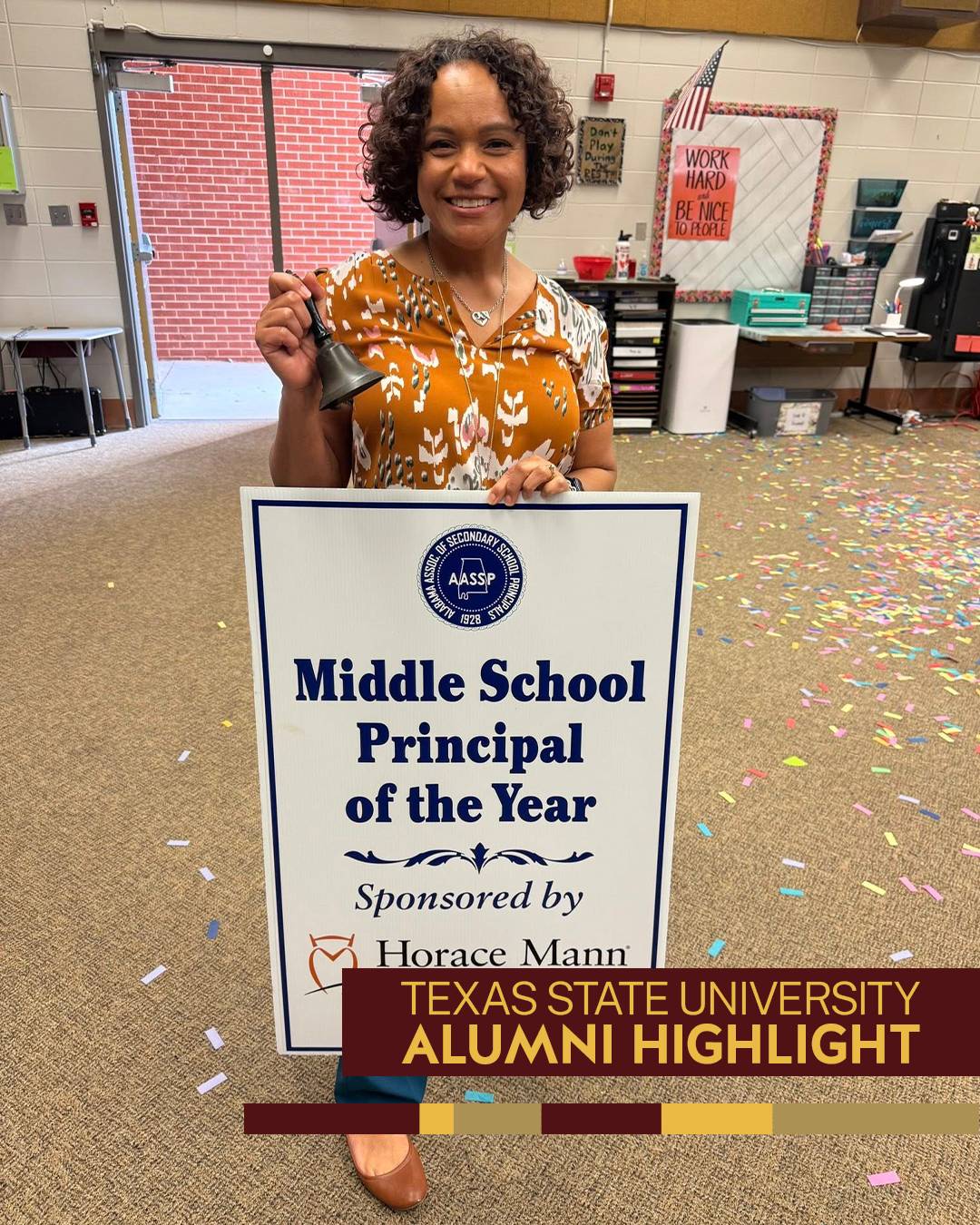 Heather Bardwell with her "Middle School Principal of the Year" award with a Texas State University Alumni Highlight label