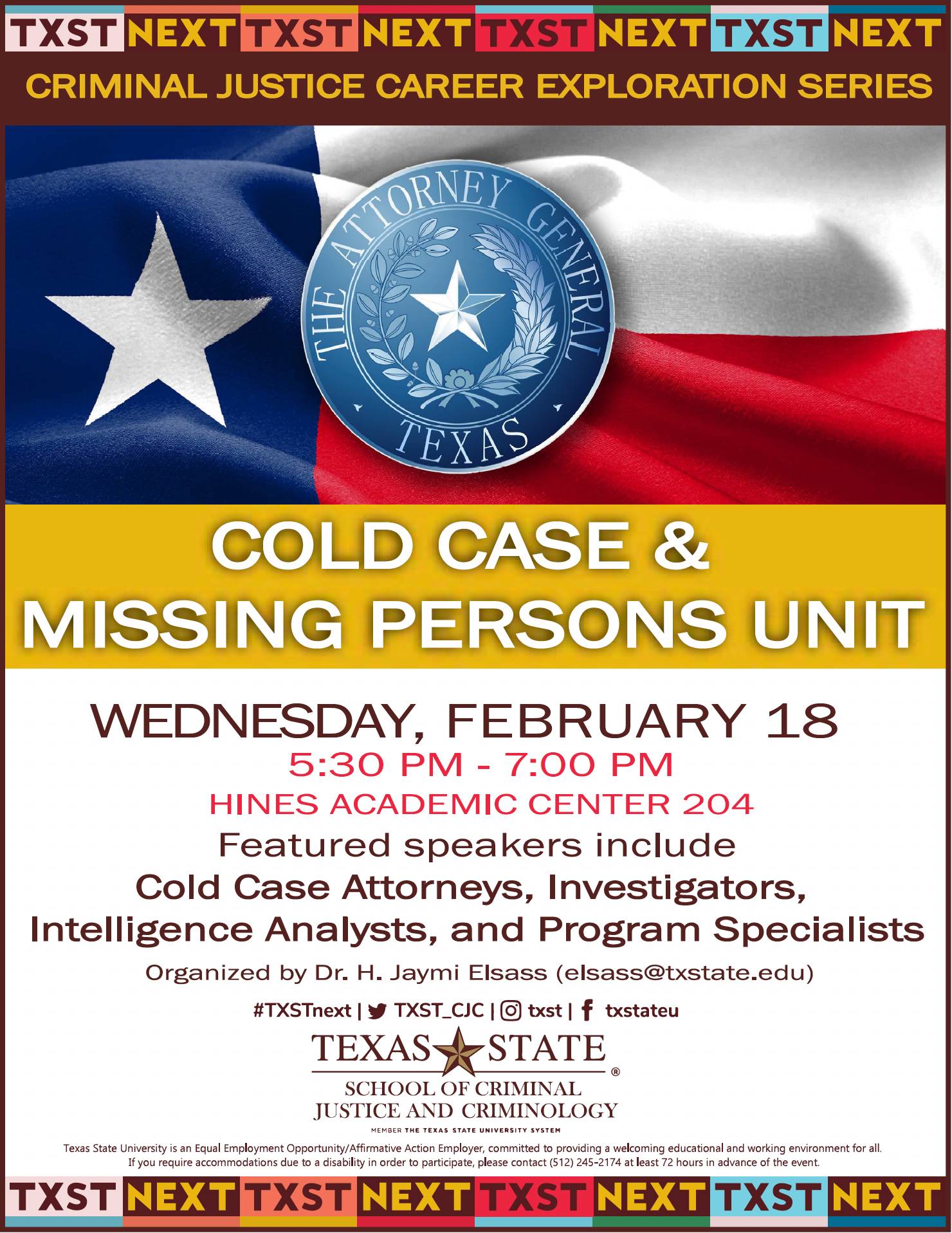 Cold Case & Missing Persons Unit event flyer. Event is Wednesday, February 18th from 5:30 to 7:00 pm in Hines 204.