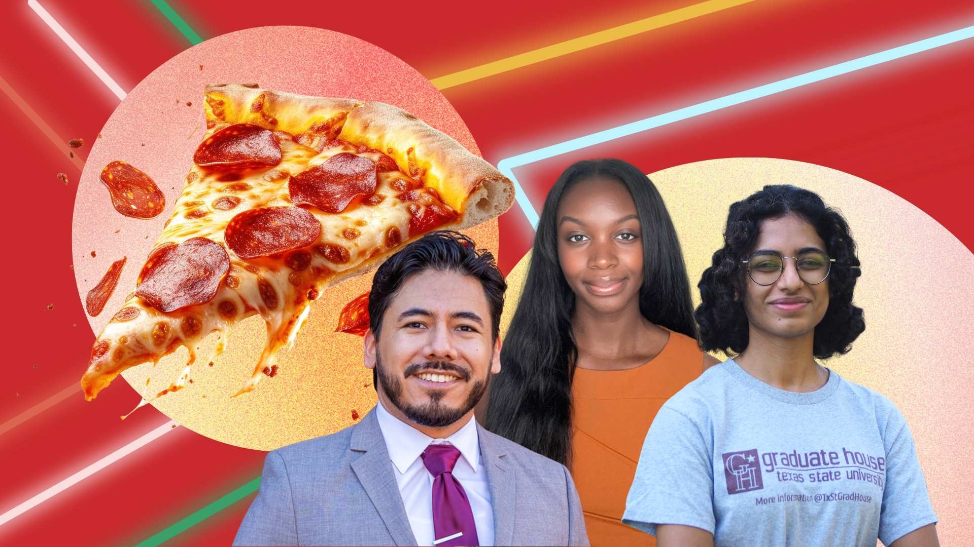 student in front of an image of pizza