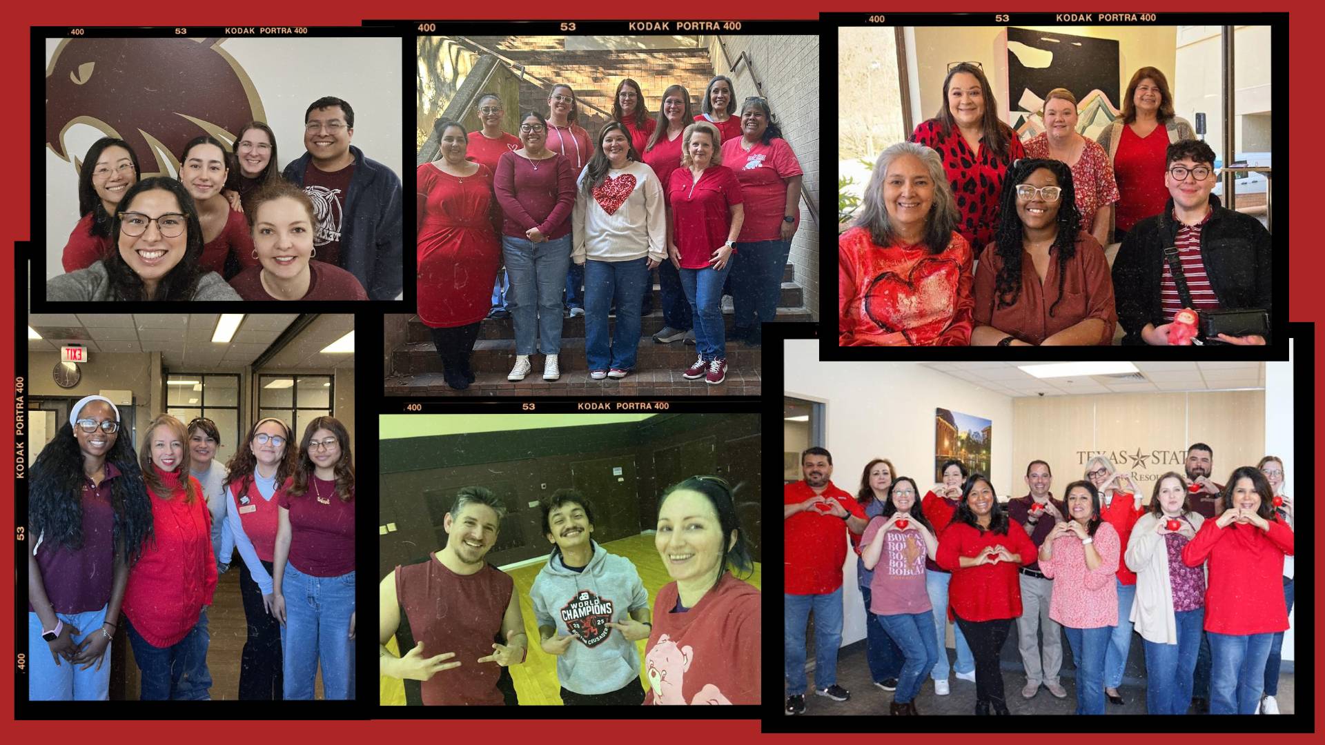 a collage of txst employees wearing red