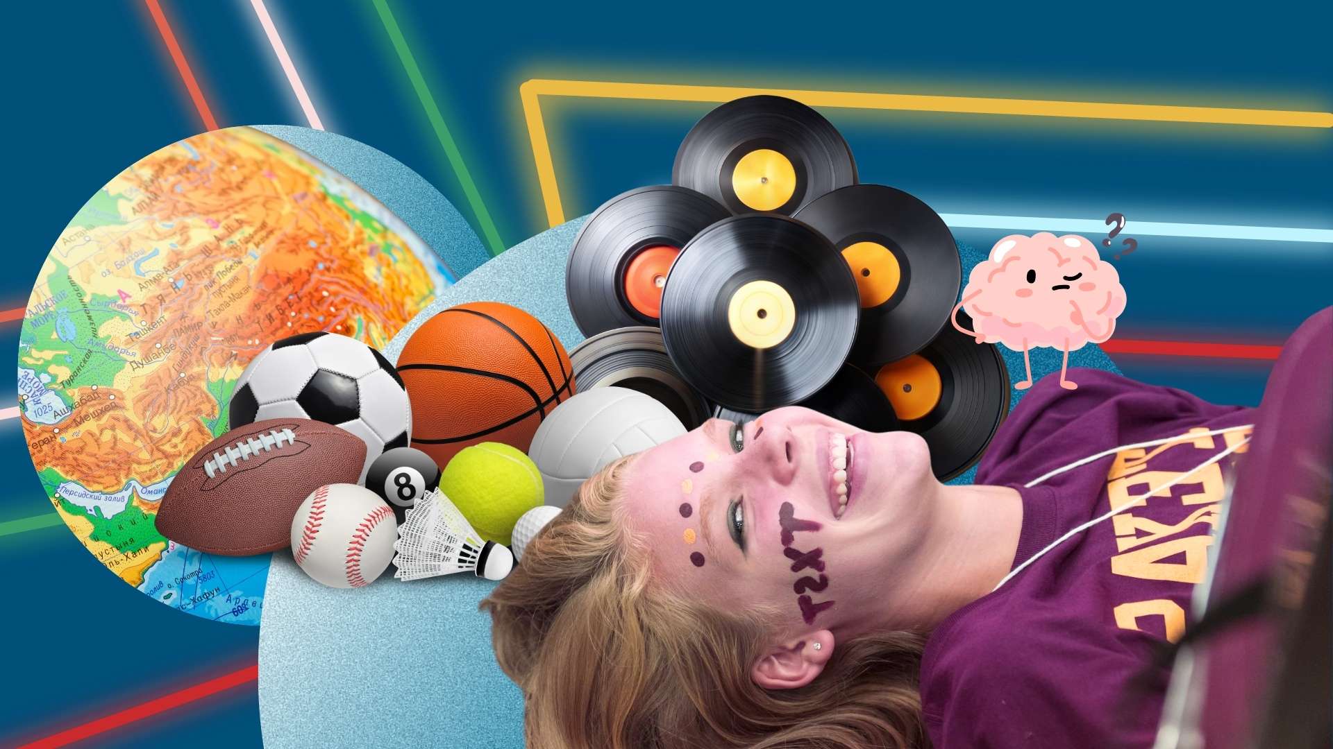 student with TXST face paint in front of sports balls, records, a map, and a brain