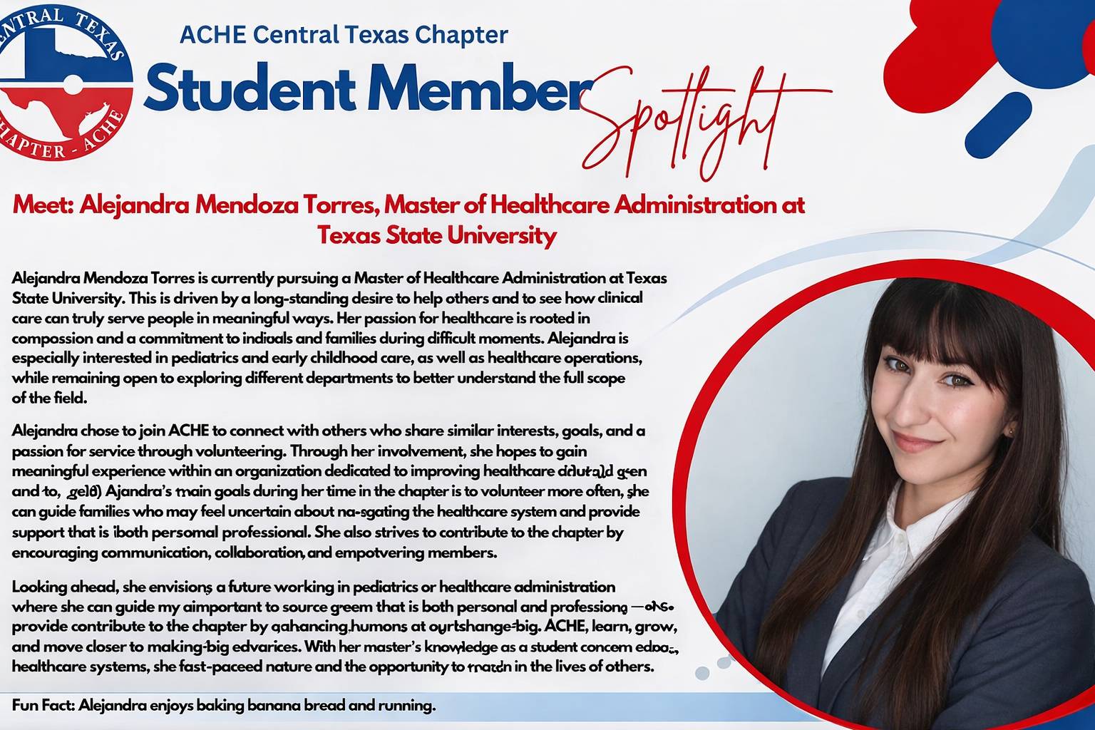 Image of MHA student Alejandra Mendoza Torres, recognized as the ACHE Central Texas Chapter Student Member Spotlight