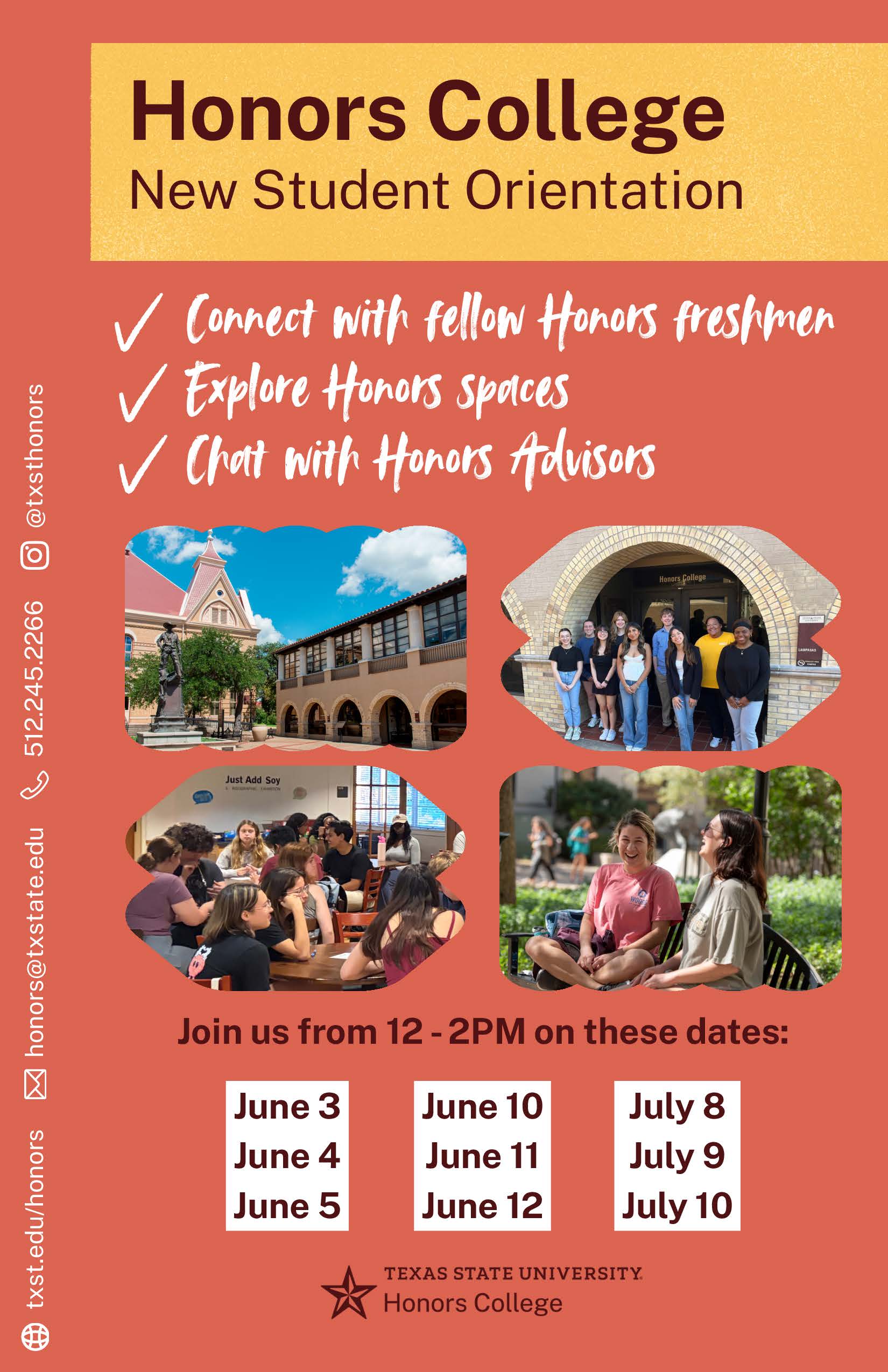 Connect with fellow Honors freshmen, explore Honors spaces, and chat with Honors advisors from 12pm-2pm on these dates: June 3, June 4, June 5, June 10, June 11, June 12, July 8, July 9, July 10