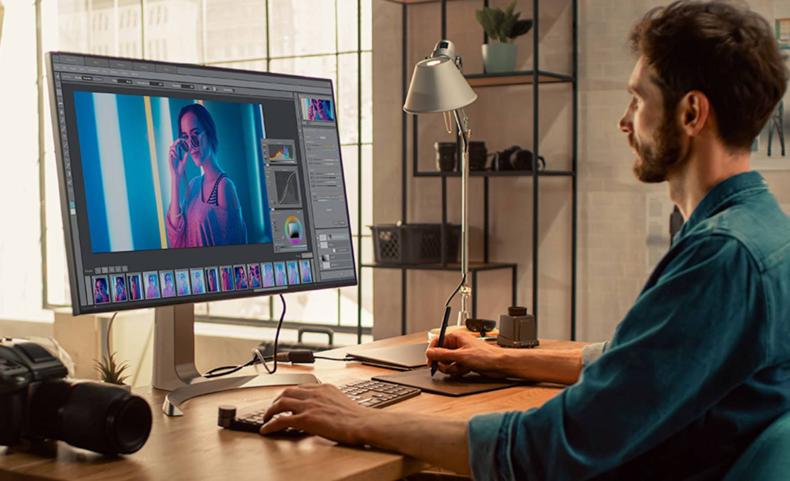a man at a desk using editing software on computer