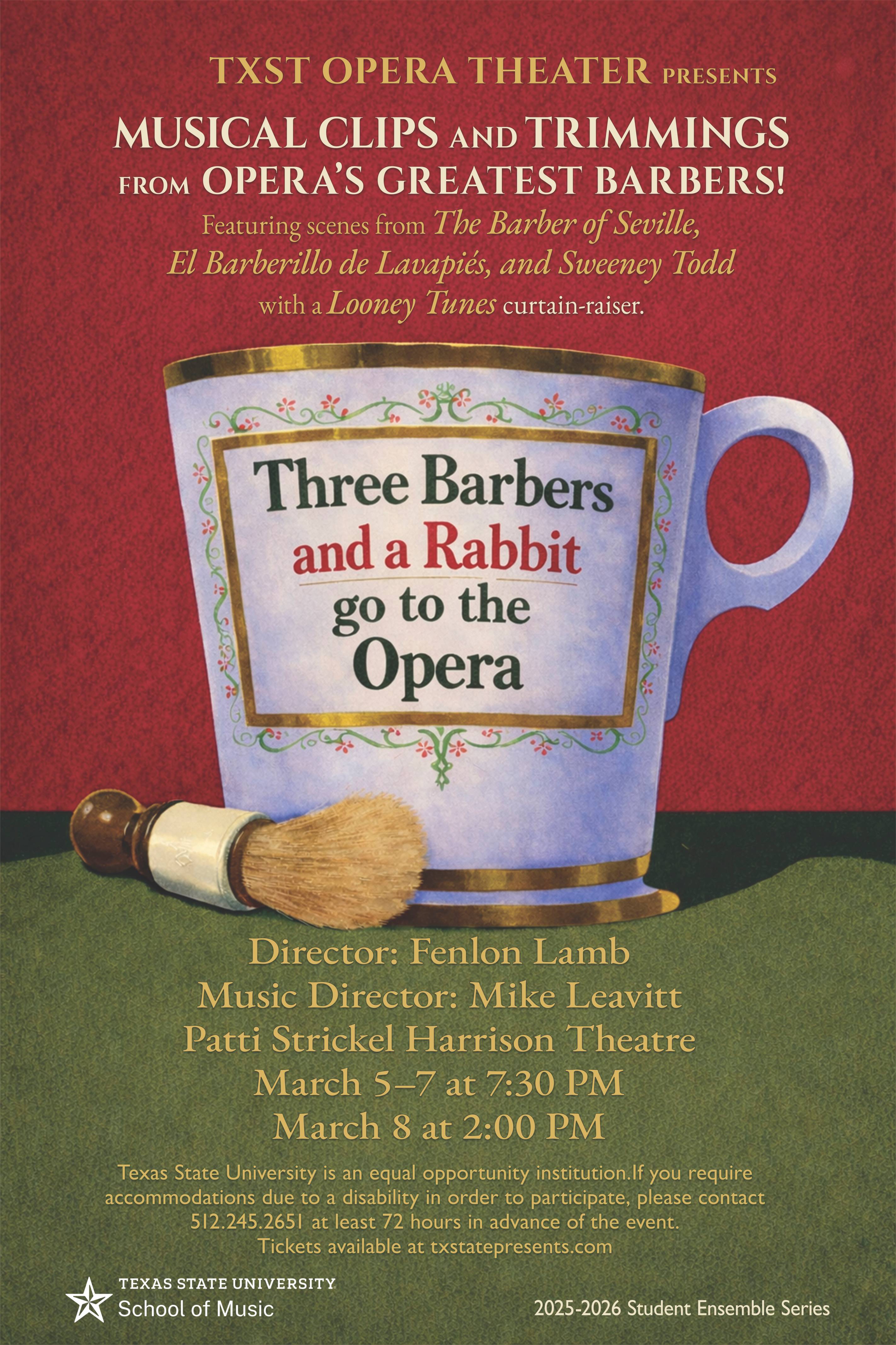 Three Barbers and a Rabbit go to the Opera poster. Barber cup with brush with red and green background.