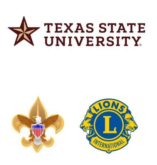 Logos for Boy Scouts and Lions Clubs International under logo for Texas Sttae University
