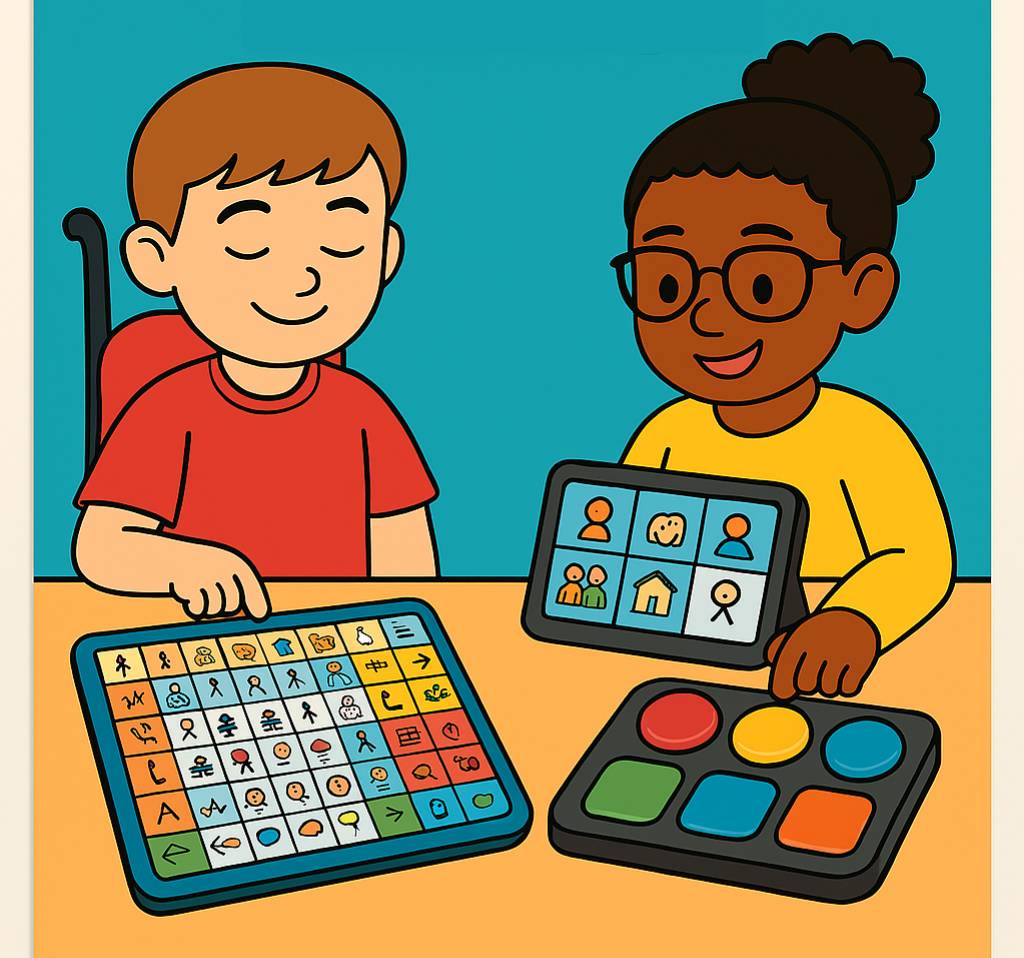 Cartoon of two young patients interacting with educational games