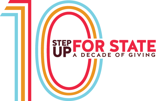 Step Up for State, a decade of giving, logo with large number 10