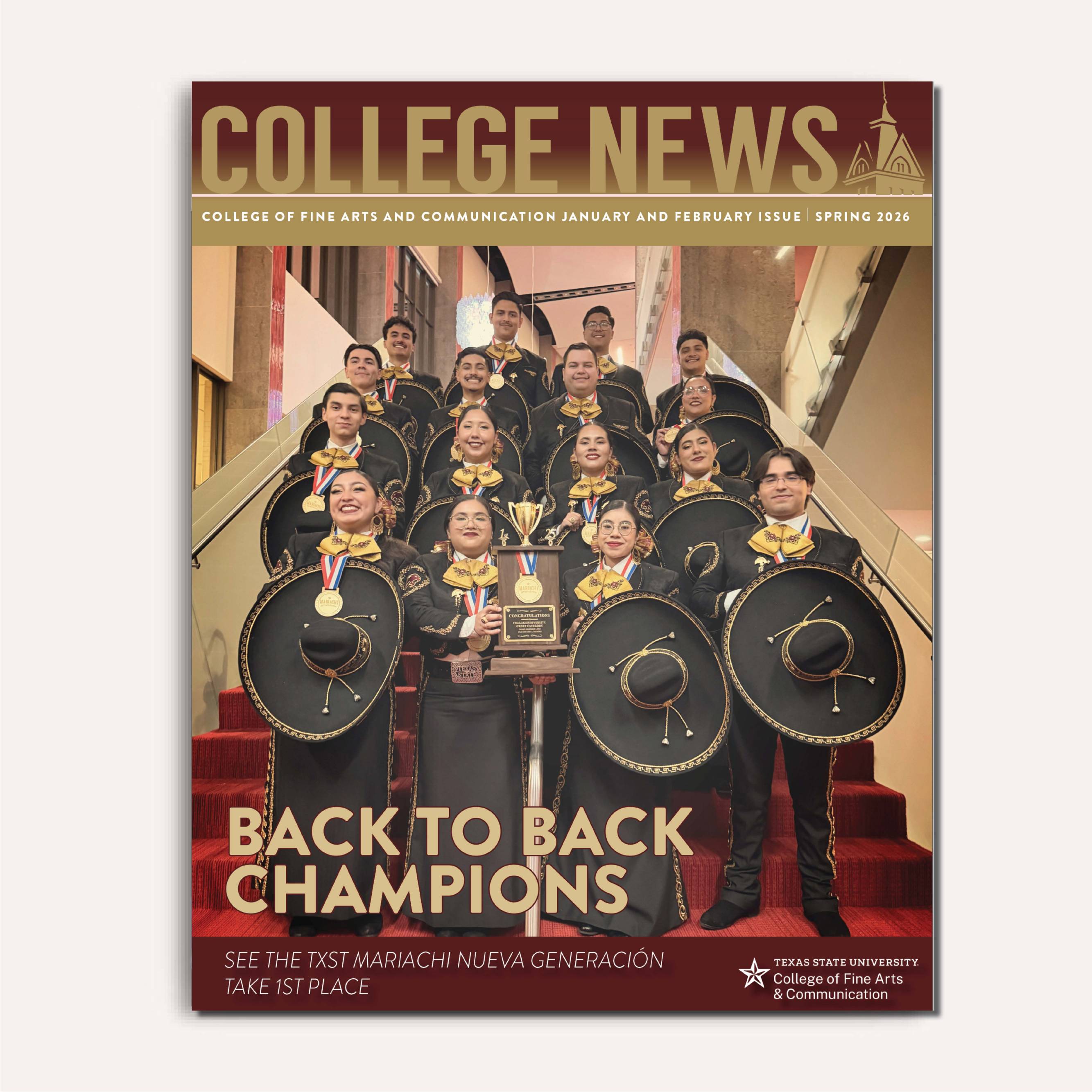 The TXST Mariachi Team on stairs posing for a photo at the latest competition. 