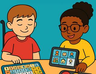 Cartoon of two young patients interacting with educational games