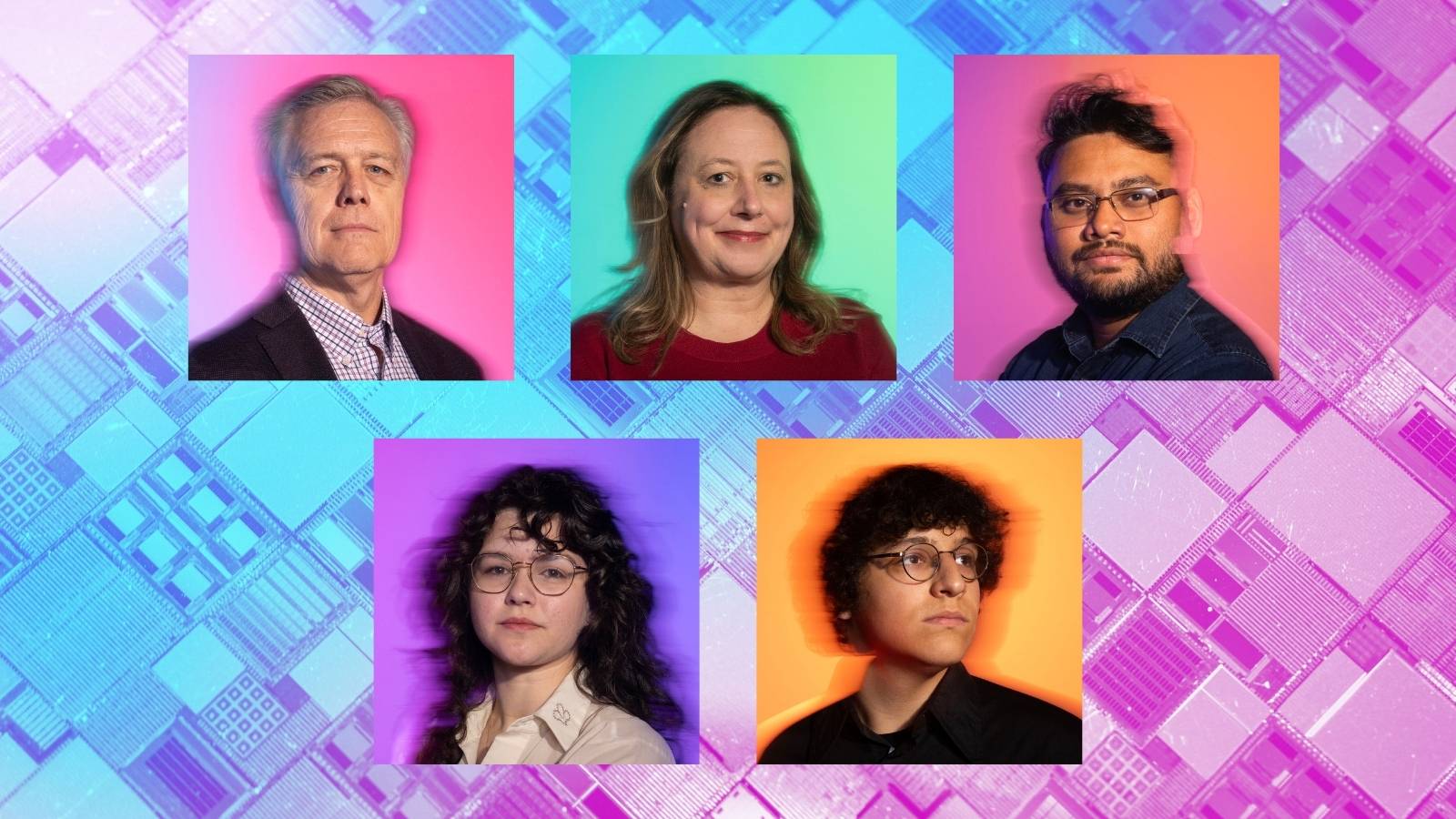 collage of five researchers' headshots on top of colorful backgrounds