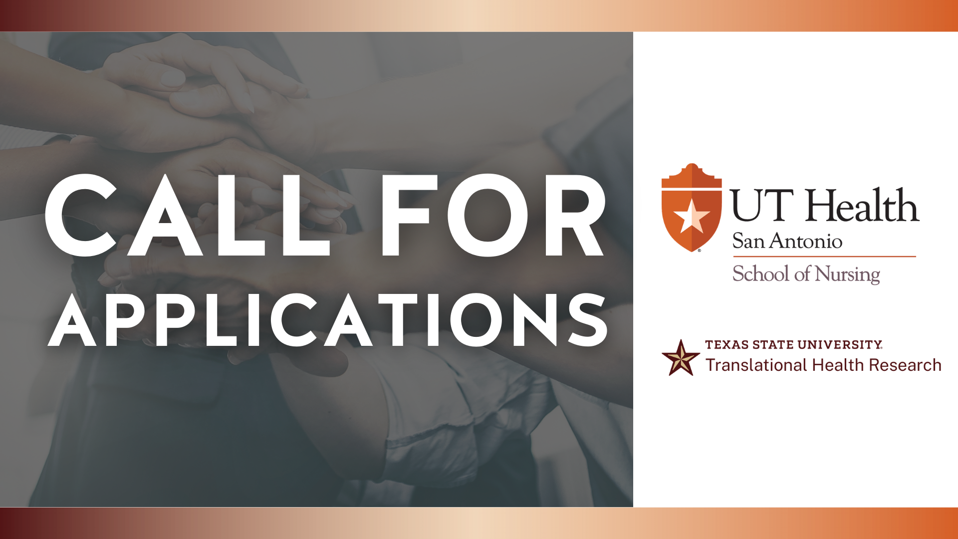 UT San Antonio and Texas State University logos under a picture of a team stacking their hands together