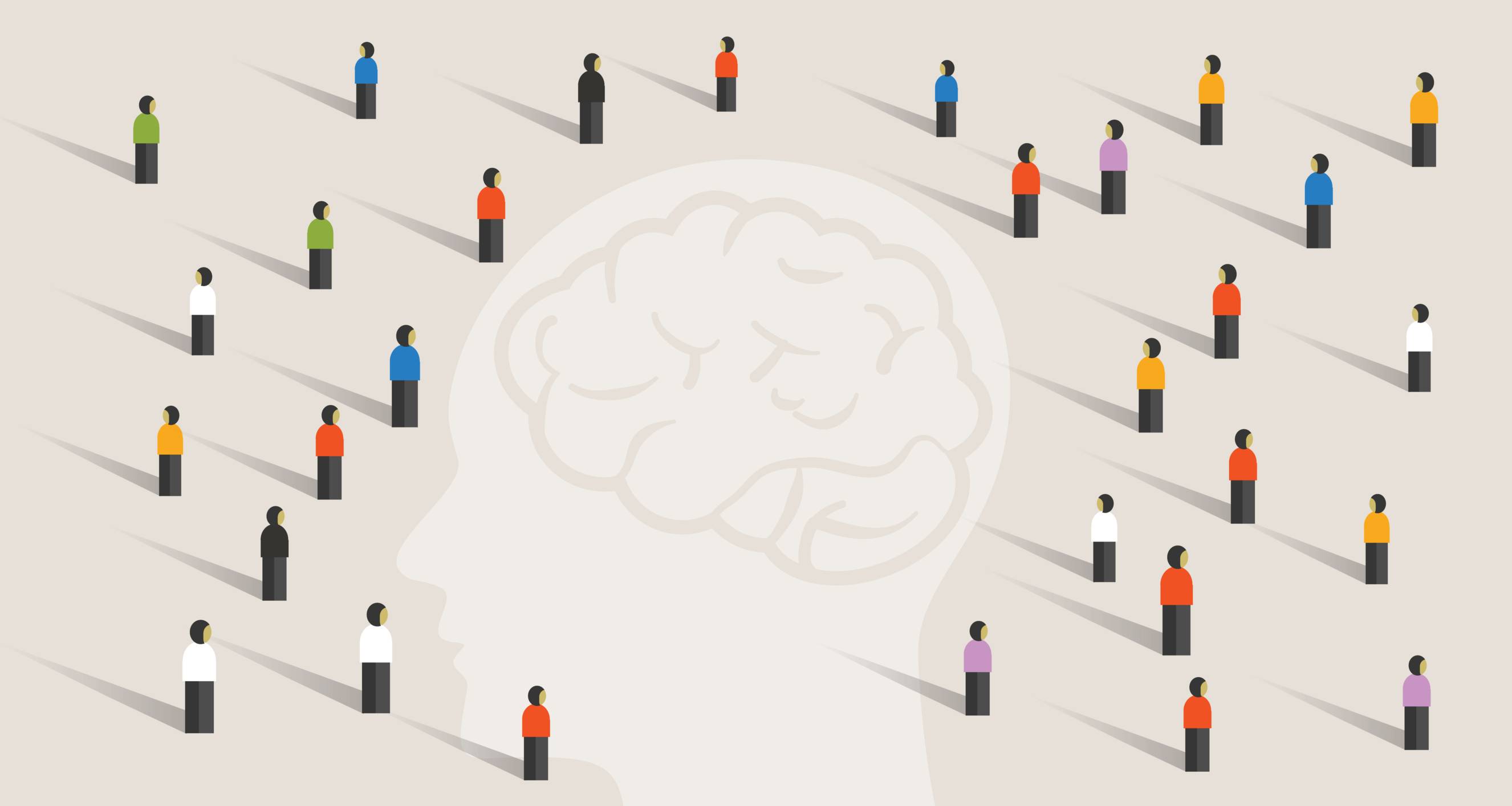 vector style image of people standing on the ground around the image of a brain