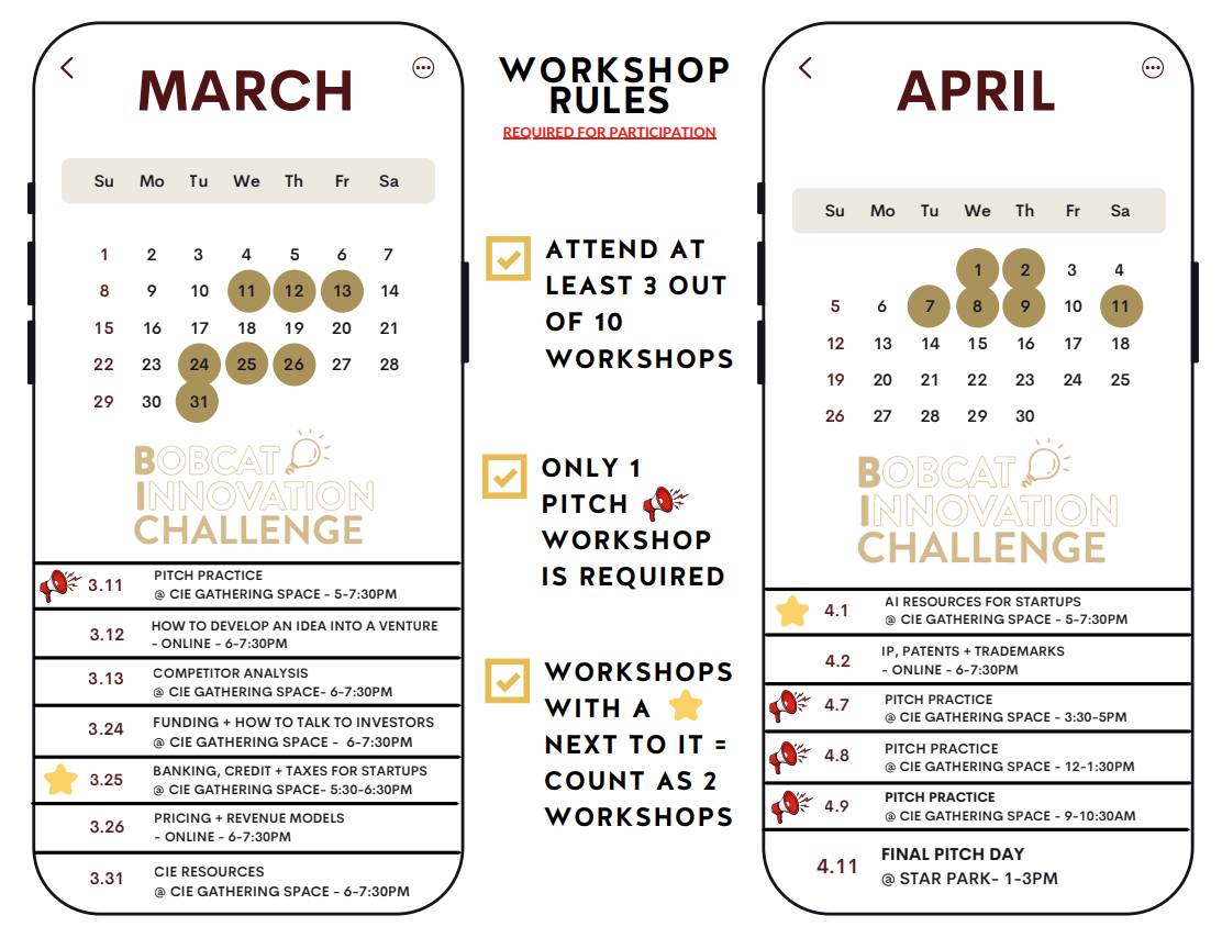 Bobcat Innovation Challenge March+april schedule laid out 