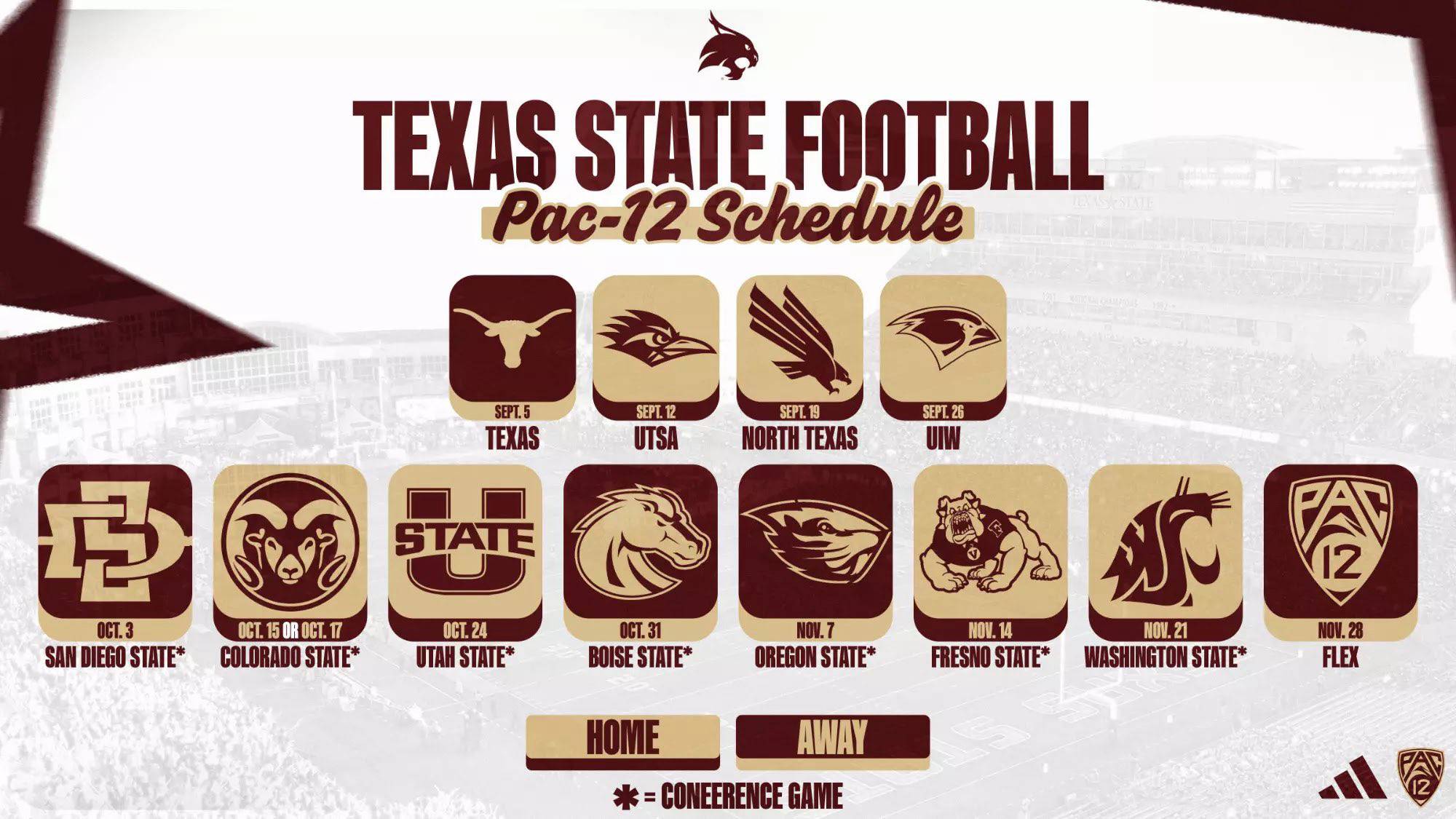 Graphic showing the 2026 TXST Bobcat Football schedule.