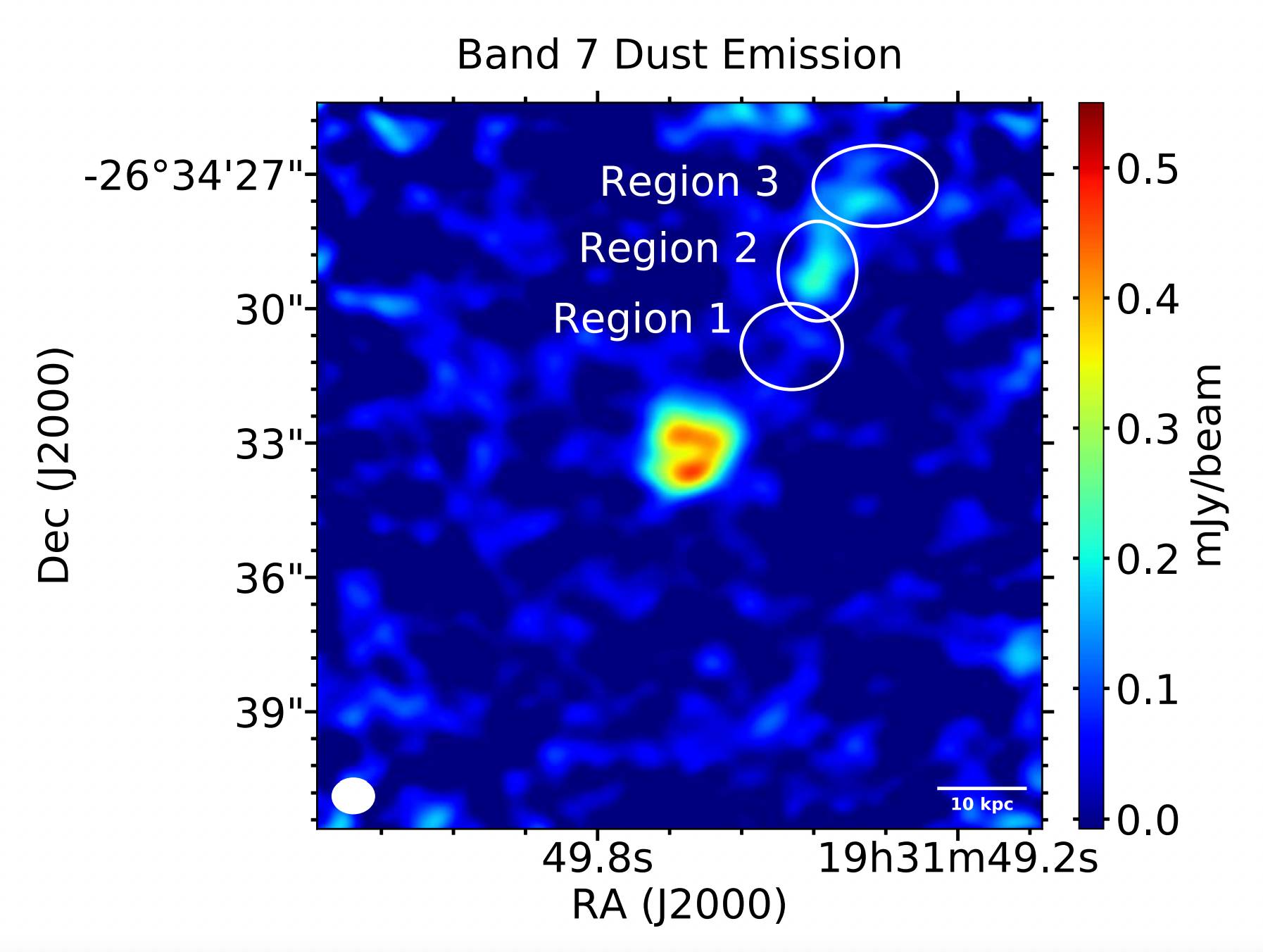 False‑color dust emission map with regions