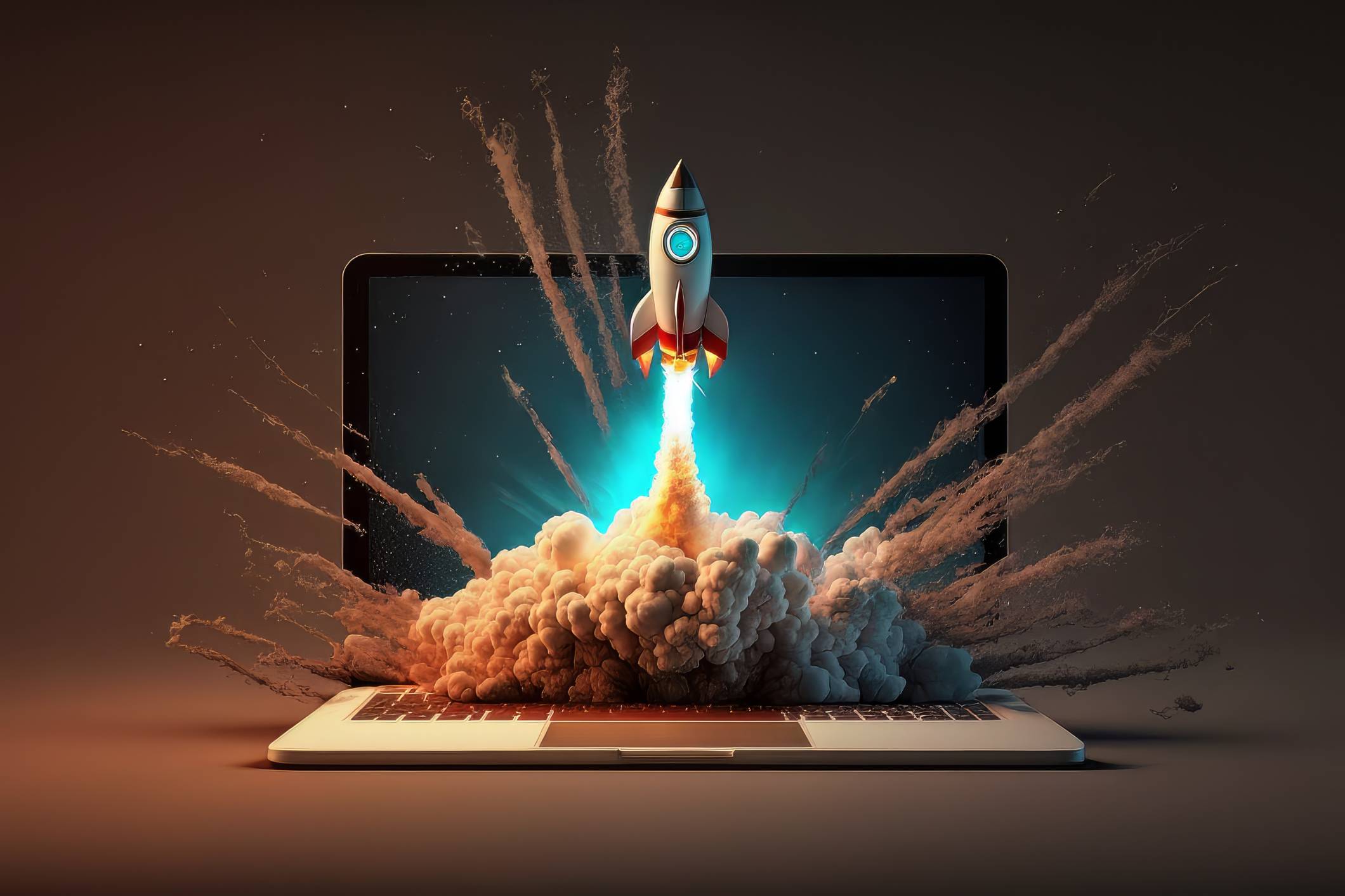 an AI designed rocket ship launches from a laptop