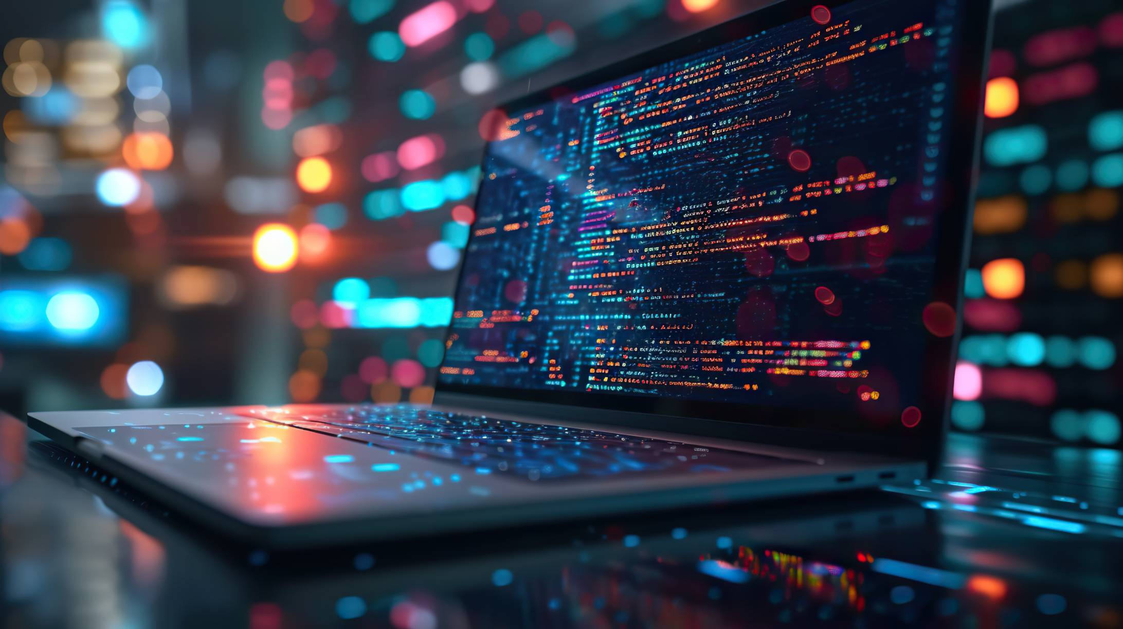 a laptop with code on the screen in blue, pink and red