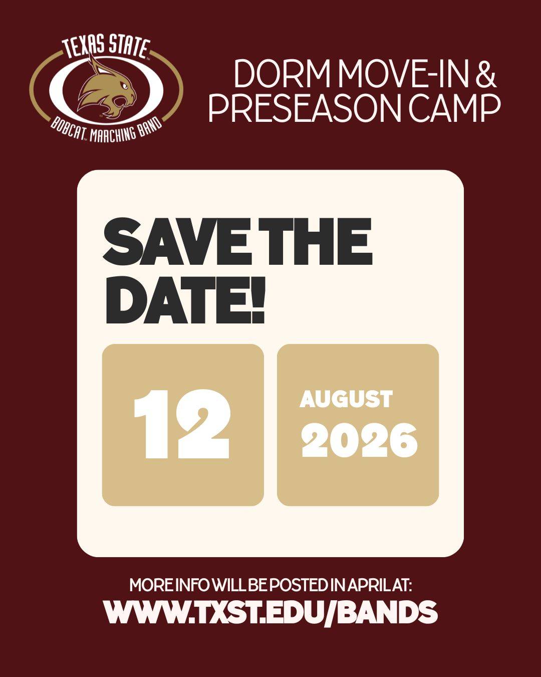 Calendar announcement of August 12 2026 for the start of BMB camp