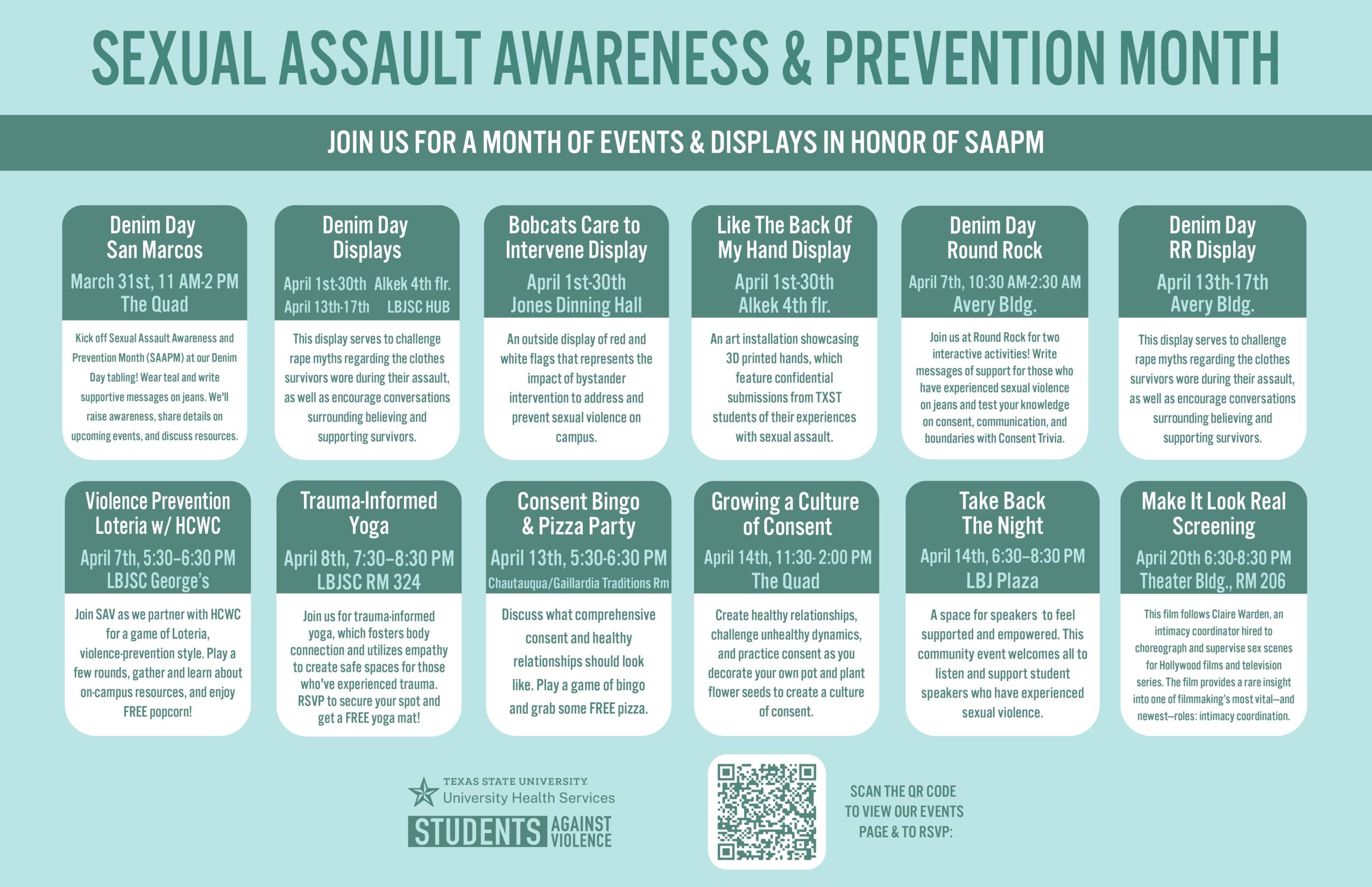 Sexual Assault Awareness & Prevention Month events graphic. 