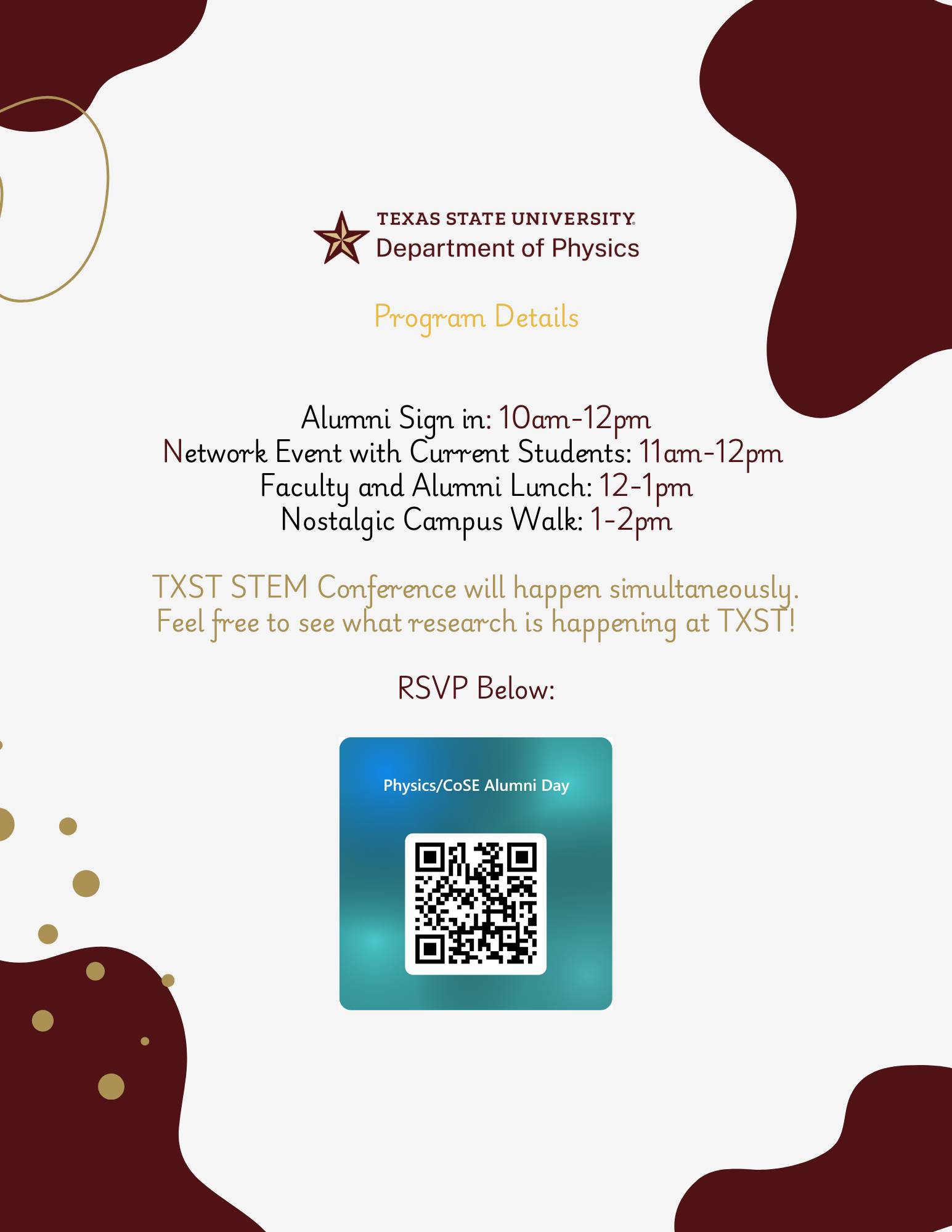 This image is the schedule of events for the alumni day and clicking on this image takes you to the RSVP page.