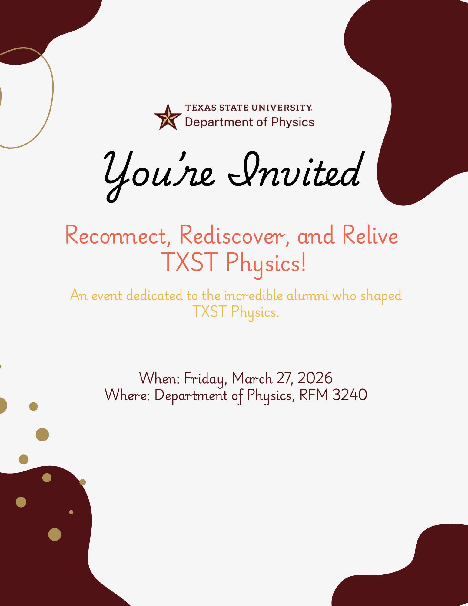 Invitation to the alumni event. This invitation includes the date of the event on Friday, March 27, 2026 and the location of the event in the RFM building room 3240
