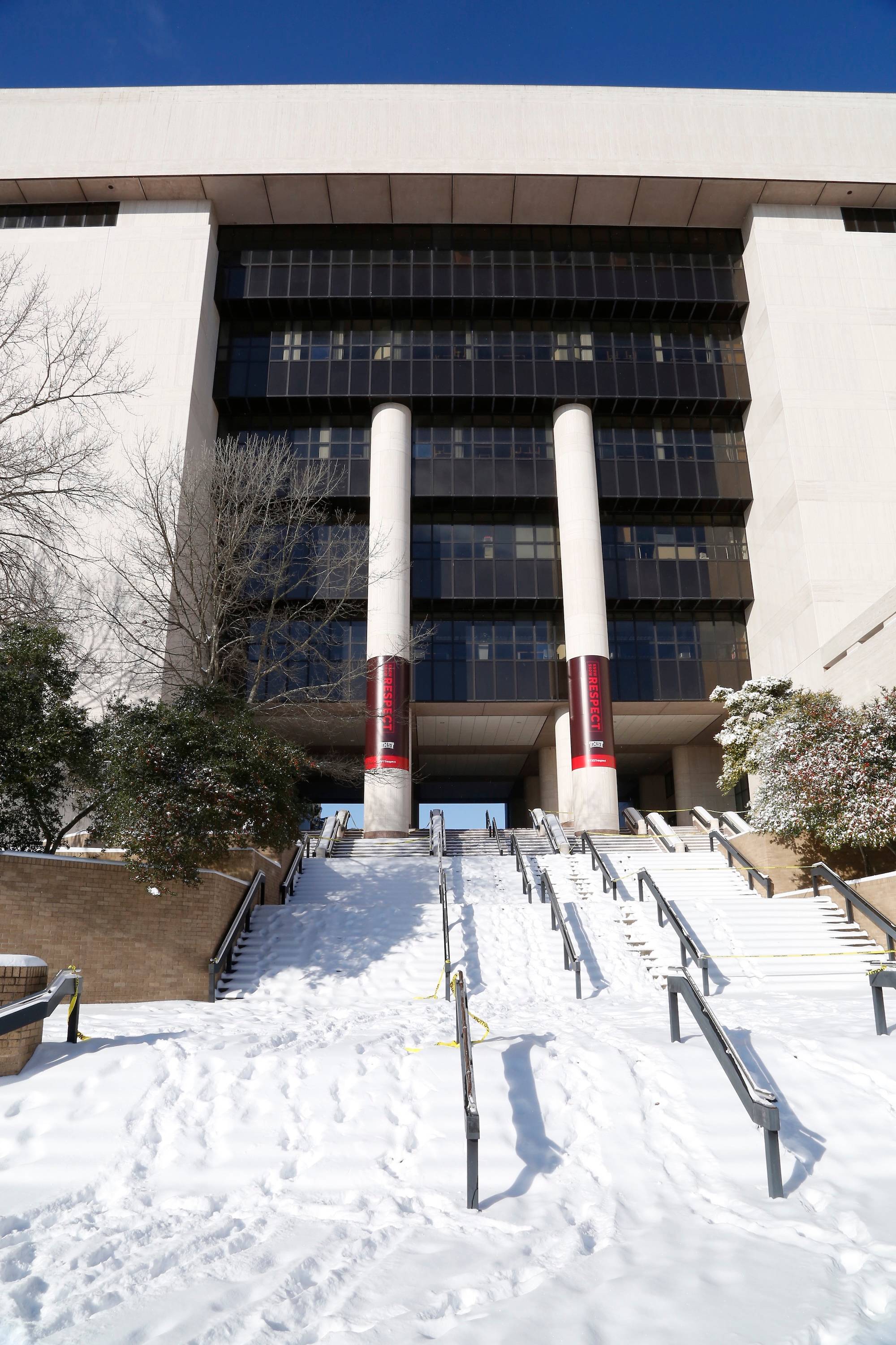 Alkek Library stairs covered in snow