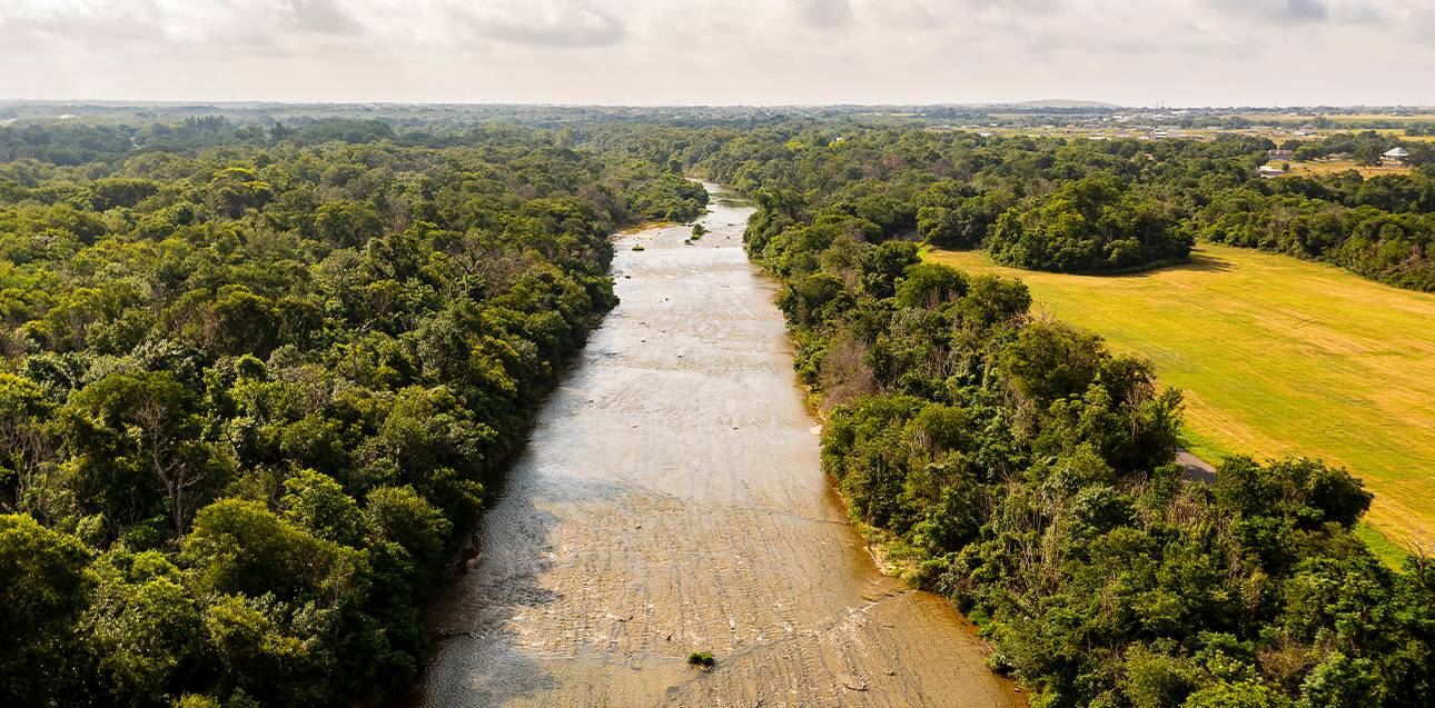 Aerial view of San Gabriel River.