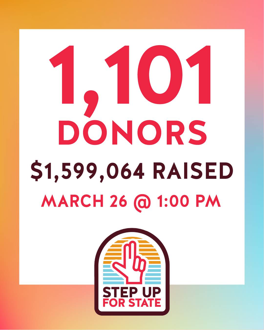 Step Up for State branded graphic with text reading 1,101 donors, $1,599,064 raised, March 26 at 1:00 pm