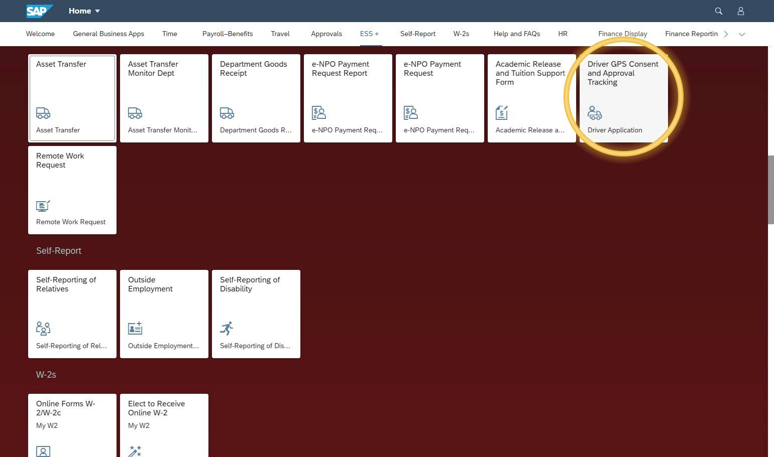SAP ESS+ screen with “Driver GPS Consent and Approval Tracking” highlighted.