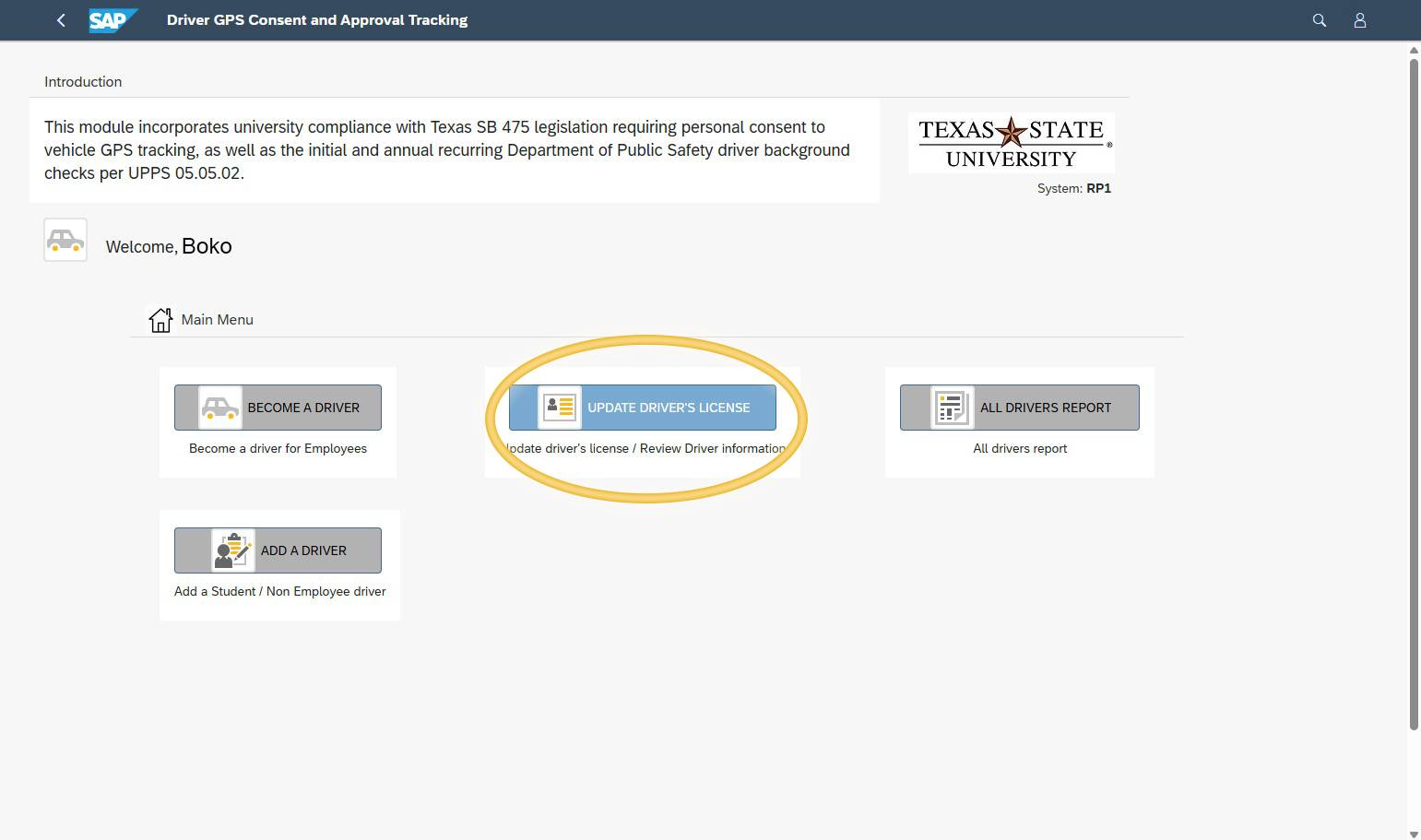 Driver GPS Consent and Approval Tracking page with “Update Driver’s License” highlighted.
