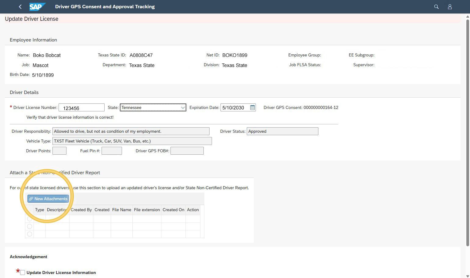 Update Driver License form with “New Attachments” highlighted.