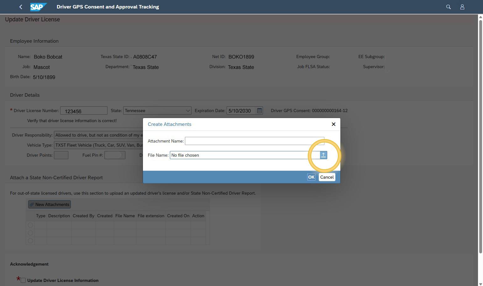 Create Attachments pop-up with the upload button highlighted.
