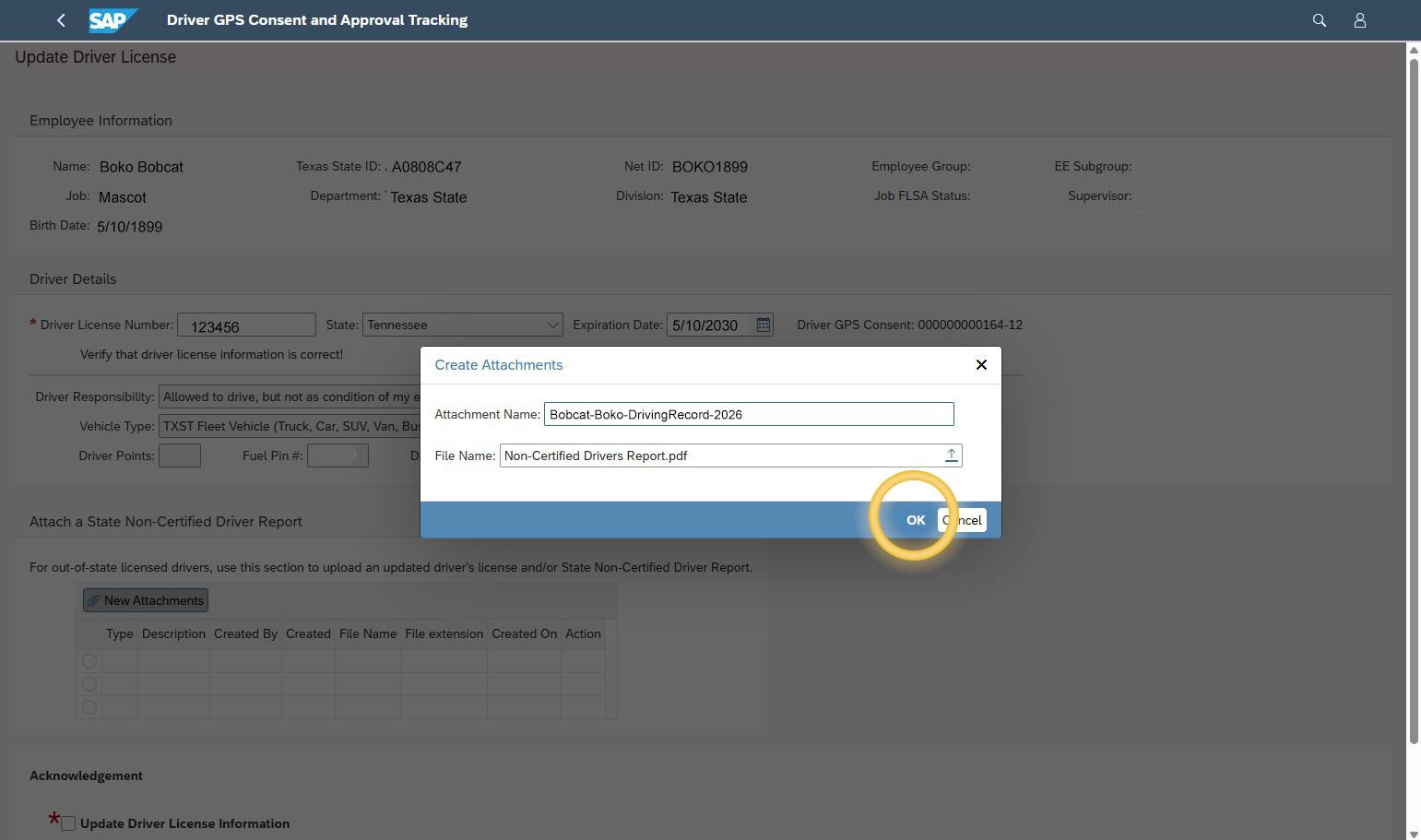 Create Attachments pop-up with “OK” highlighted after file selection.