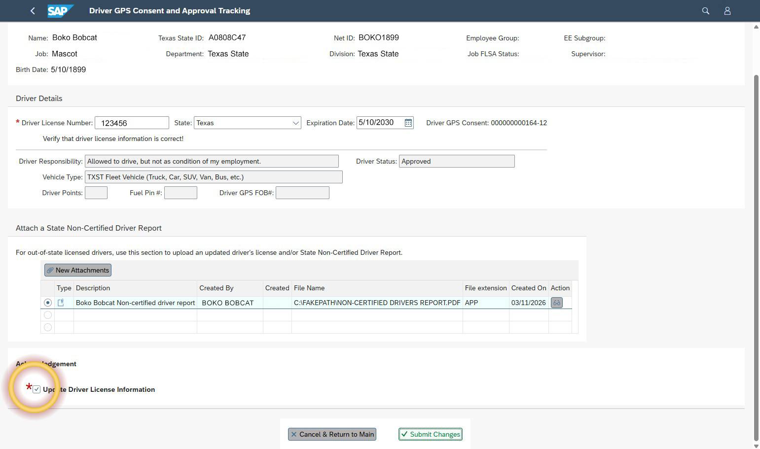Update Driver License form with uploaded report shown and acknowledgment highlighted.