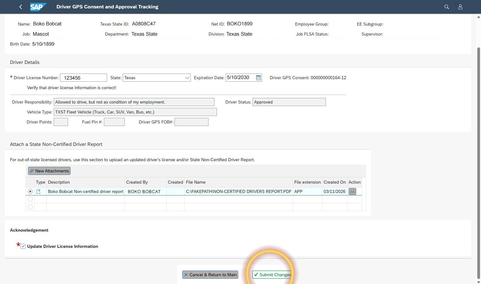Update Driver License form with “Submit Changes” highlighted.