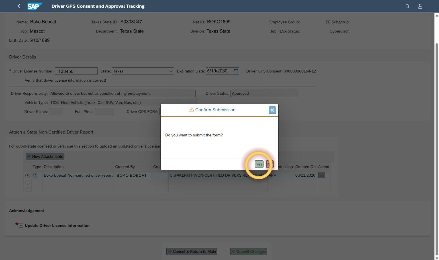 Submission confirmation pop-up with “Yes” highlighted.