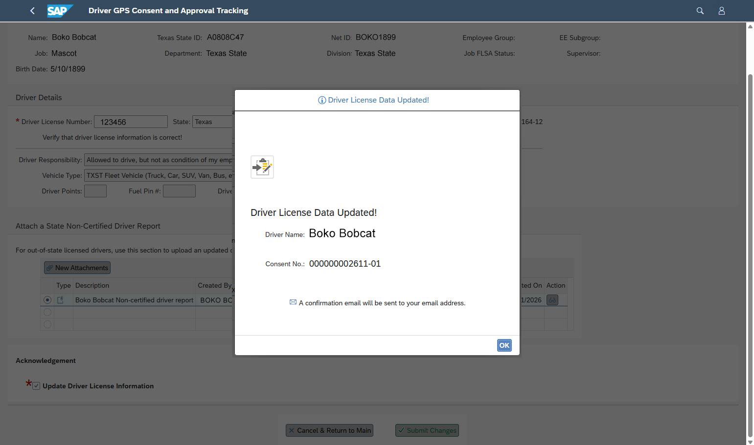 Success pop-up confirming driver license data was updated.