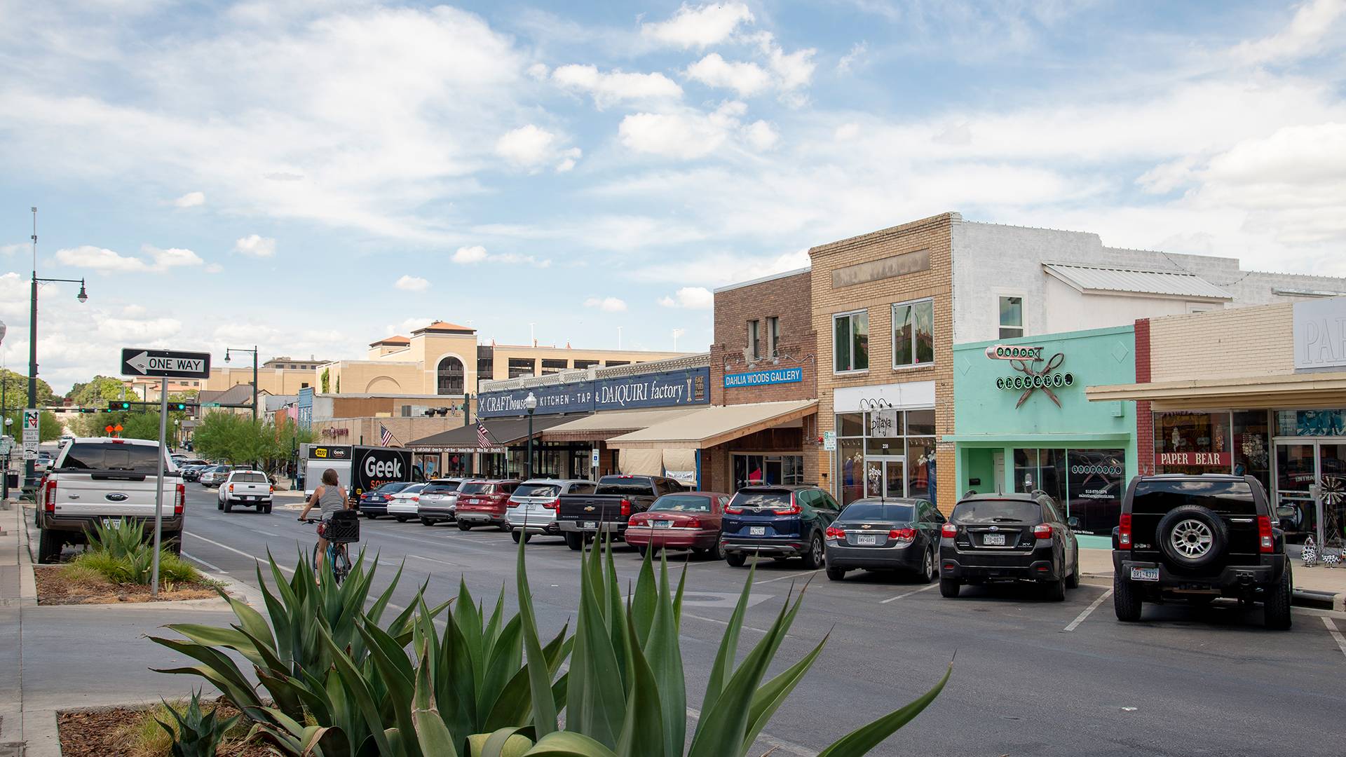 Shops lining the street of downtown San Marcos